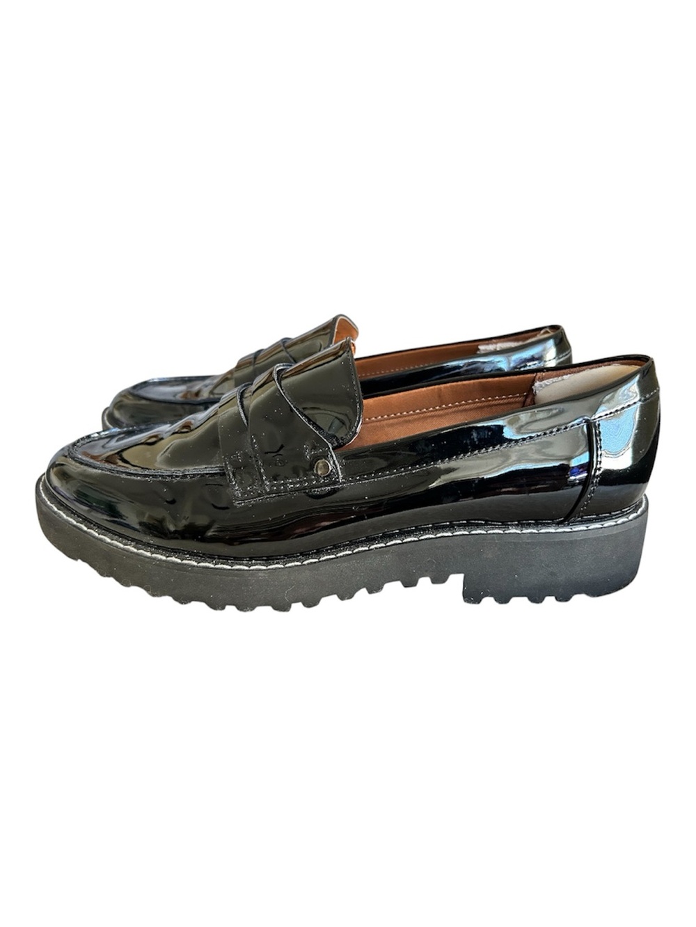 Franco Sarto Black Patent Platform Penny Lug Sole Loafers Size 8 W Gently Used